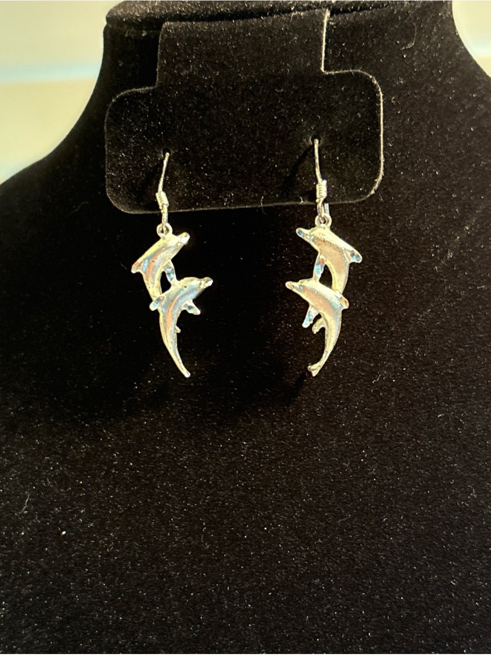 Estate 925 Polished Silver Dolphin Drop Earrings